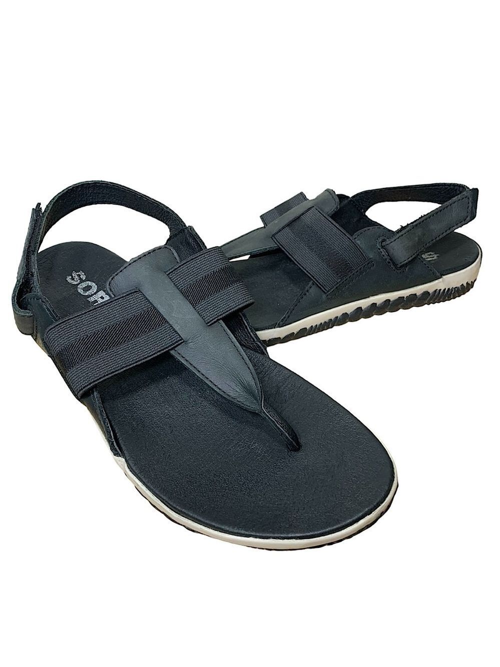 Sorel Out N About Strap Thong Sandals Black Leather Sz 8 Ajustable Slingback